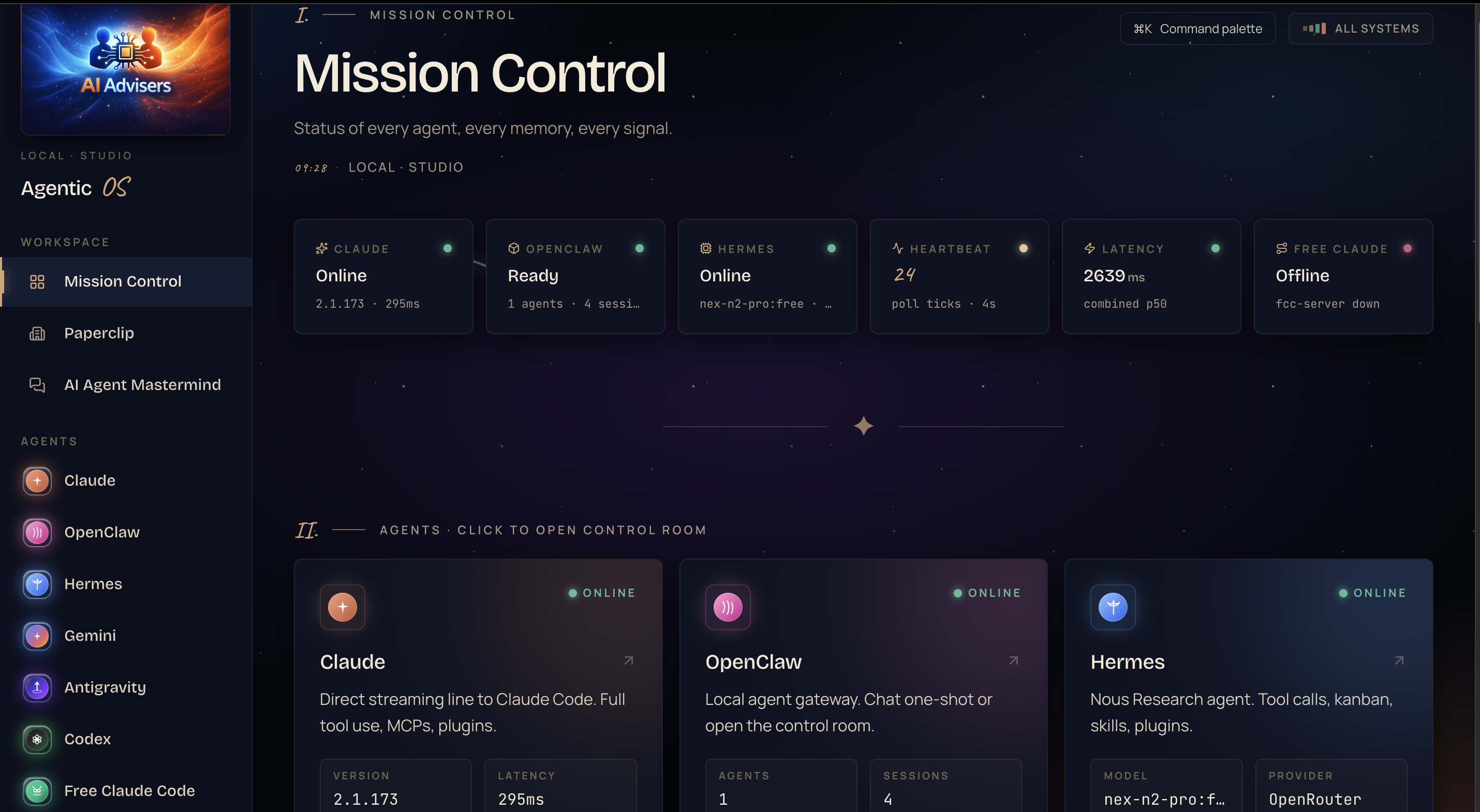 AIOS Mission Control dashboard showing AI agents running in real time